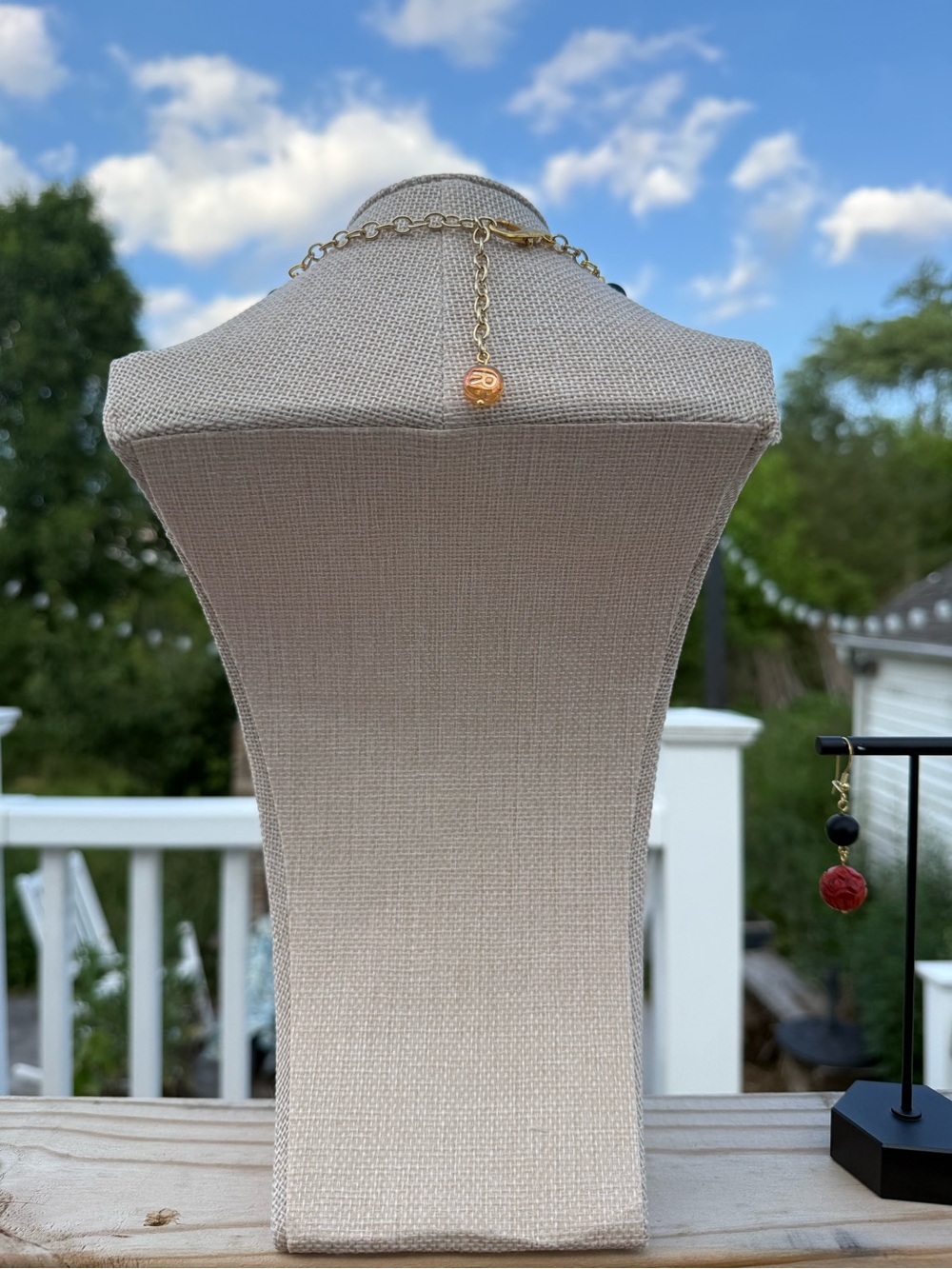 Handcrafted Carved Sponge Coral & Black Onyx Statement Necklace with Earrings - Picture 4 of 4